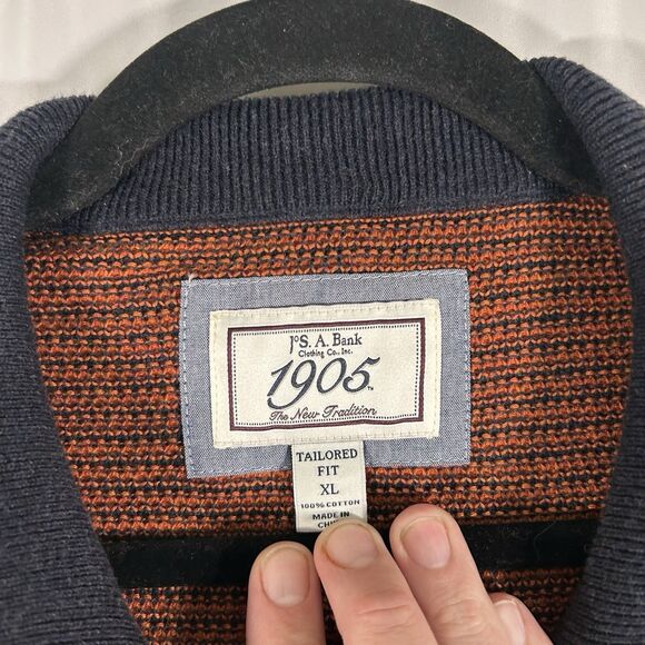 Jos A Bank Sweater Men's XL Orange Blue Striped 1/4 Zip Tailored Fit 100% Cotton - Picture 4 of 6